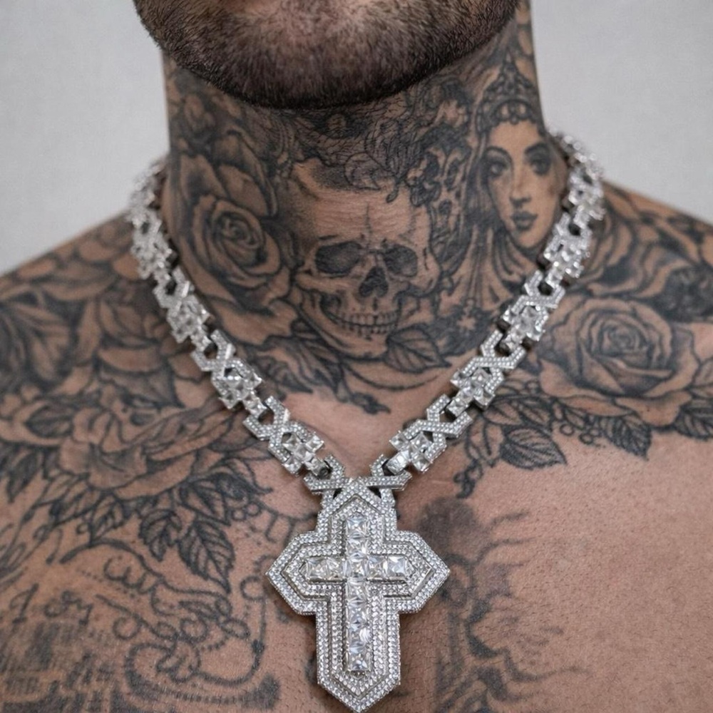 Iced out Cut Cross Pendant Necklace in Silver 20inch